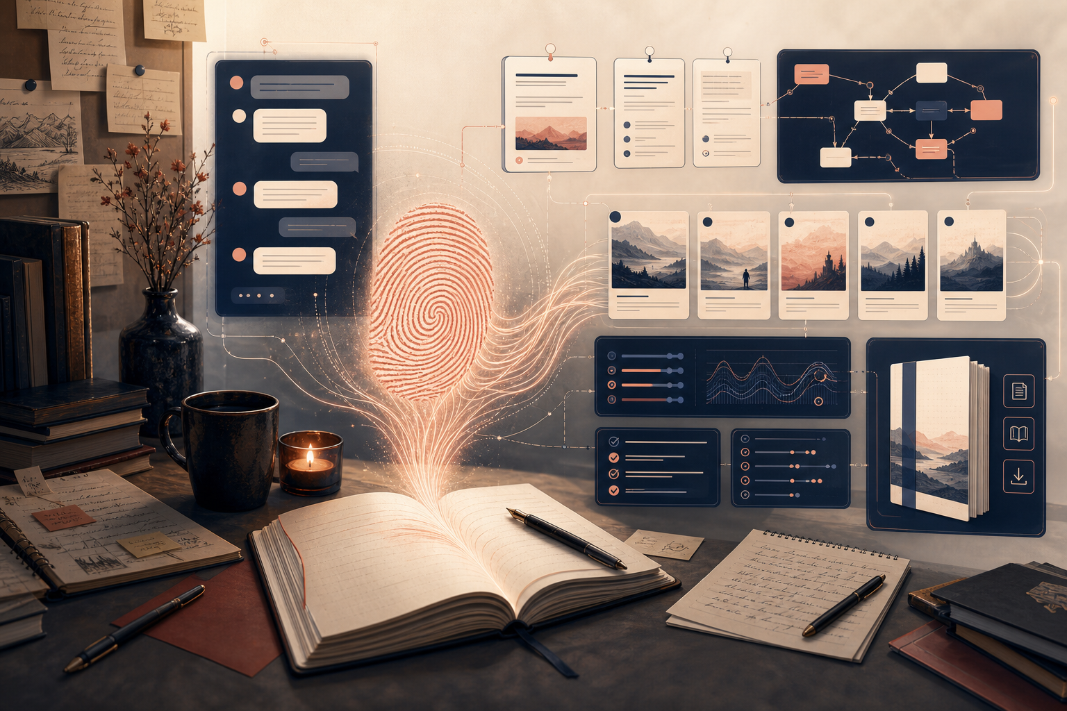 Author voice pattern flowing into AI-assisted chapter pages and revision workflow.