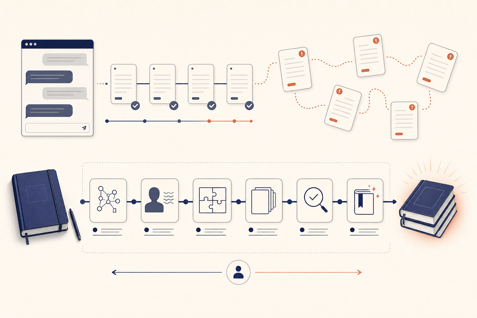 Diagram showing direct chat losing story context across later chapters while a structured workflow keeps chapters connected.
