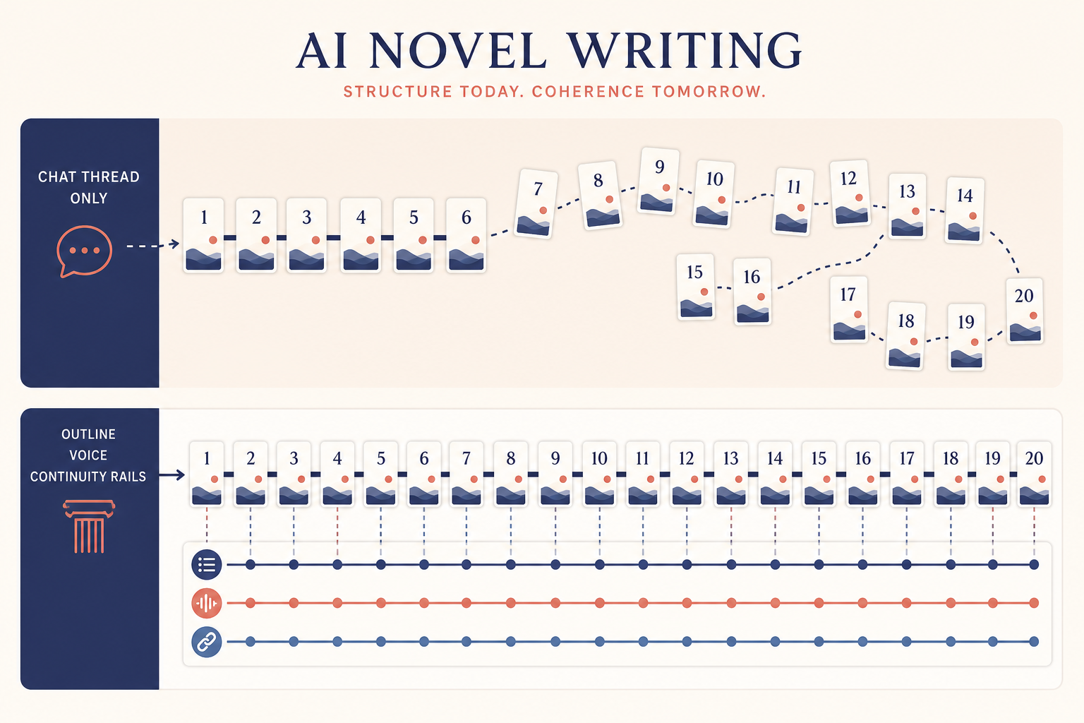 Visual showing story context getting weaker across later chapters when managed only through chat.
