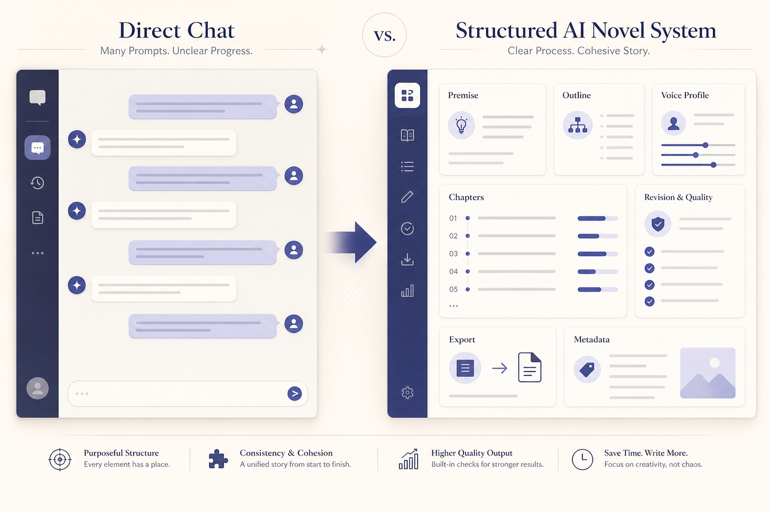 Chat interface beside a structured novel production board with outline, voice, chapters, and export.