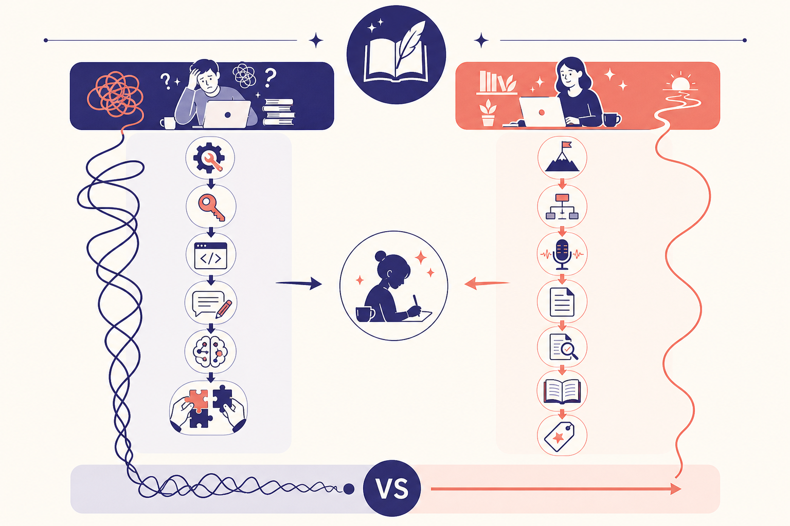 Workflow image showing setup-heavy AI control versus guided premise-to-publish production.