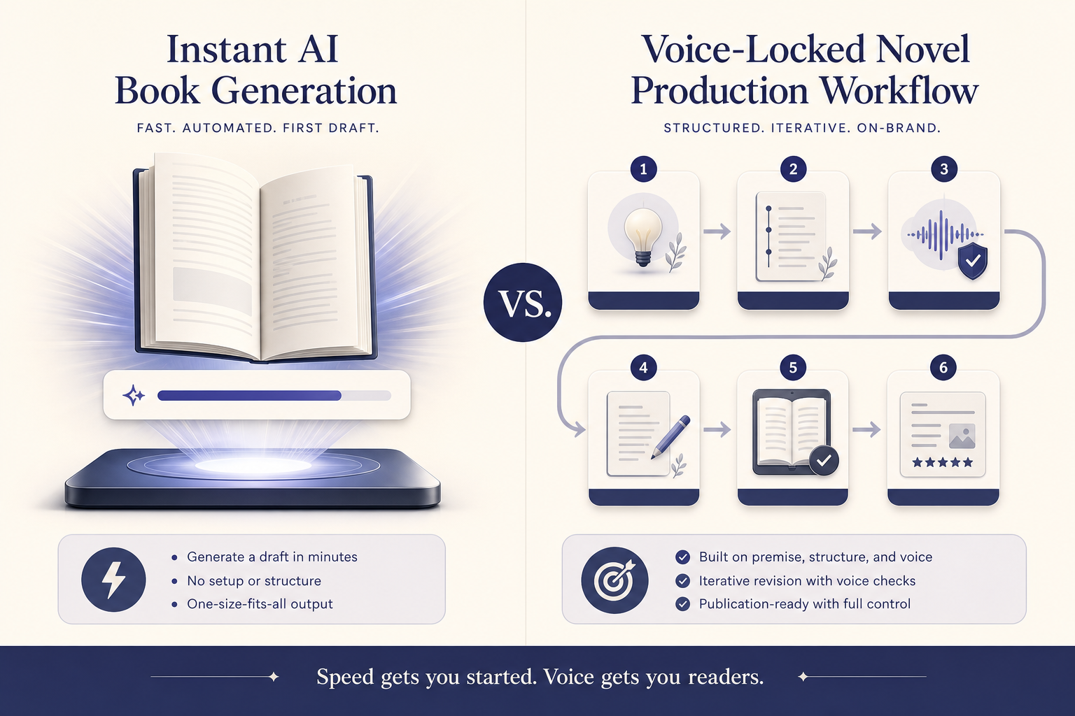 AI book generation interface compared with a voice-locked novel production workflow.