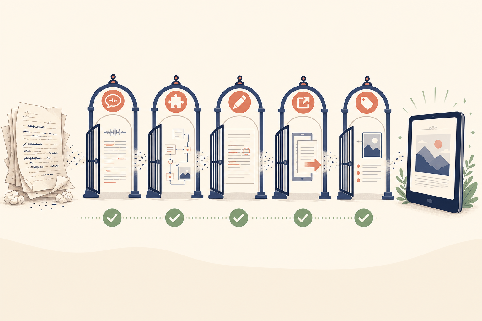 Visual showing quality gates between a rough generated draft and a publish-ready manuscript.